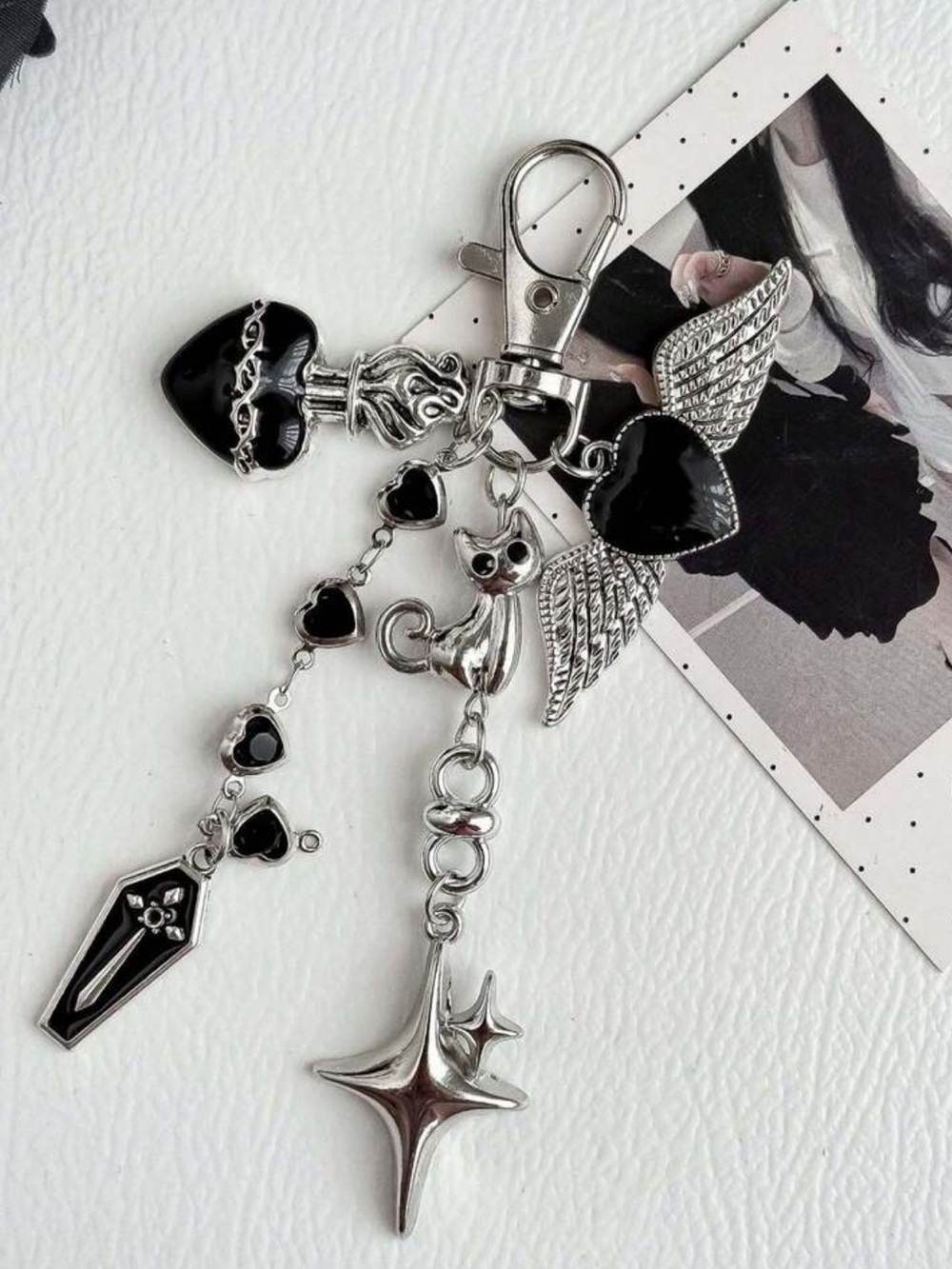 Silver and Black Heart & Wing Charm bag charm/Keychain